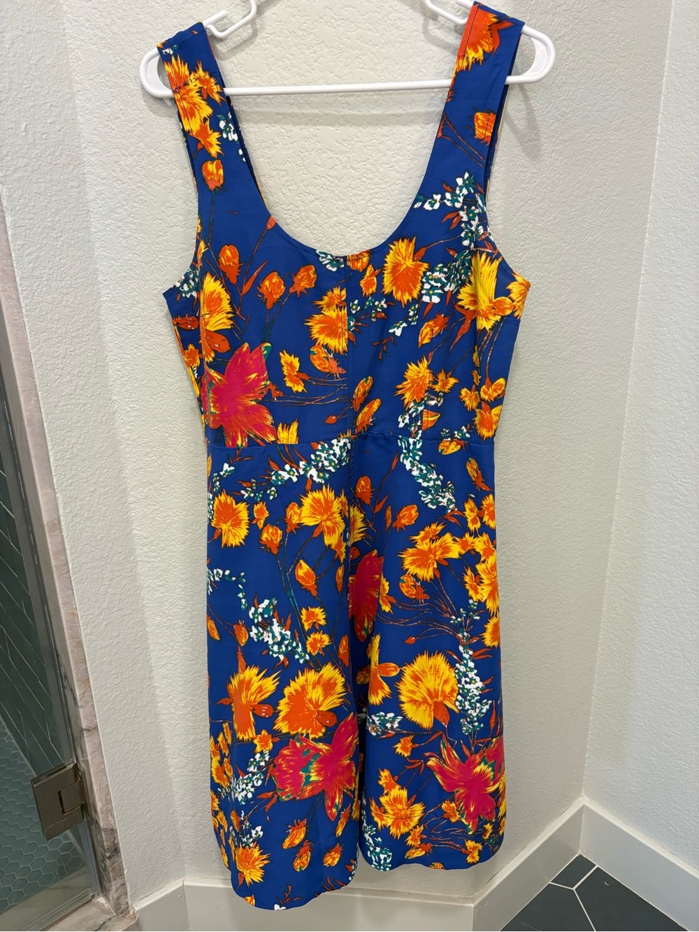 Tracy Reese Bold Blue Floral Dress with Yellow & Orange Blooms